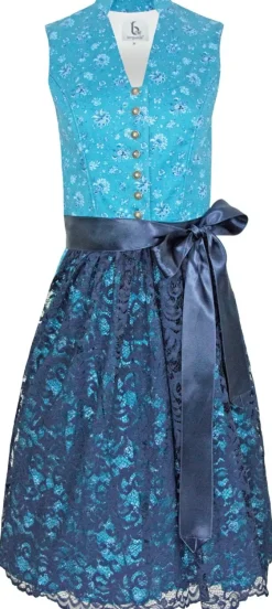 Bergweiss Trachten Hochgeschlossenes Damen Dirndl Mariella - Türkis Dunkelblau 65cm