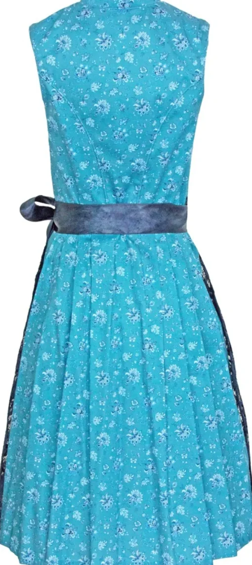 Bergweiss Trachten Hochgeschlossenes Damen Dirndl Mariella - Türkis Dunkelblau 65cm