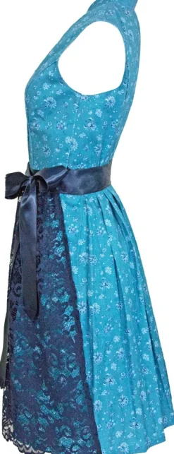 Bergweiss Trachten Hochgeschlossenes Damen Dirndl Mariella - Türkis Dunkelblau 65cm
