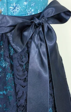 Bergweiss Trachten Hochgeschlossenes Damen Dirndl Mariella - Türkis Dunkelblau 65cm