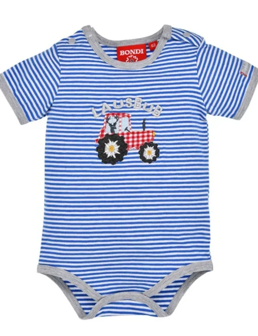 BONDI Baby Kurzarm Body "Traktor" 91527 | Blau Weiß Gestreift