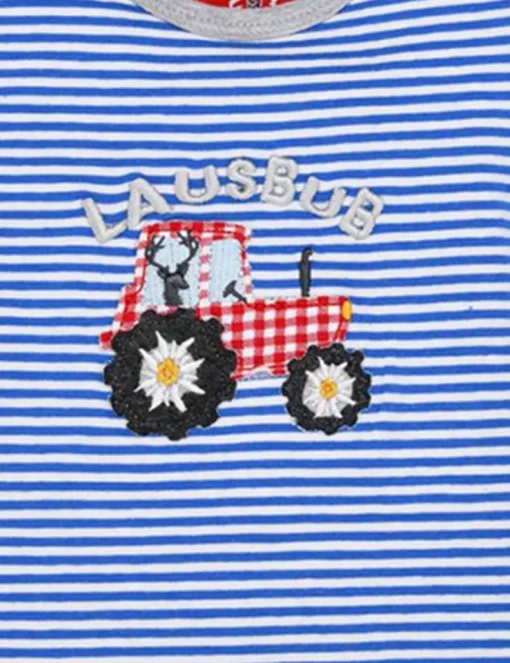 BONDI Baby Kurzarm Body "Traktor" 91527 | Blau Weiß Gestreift