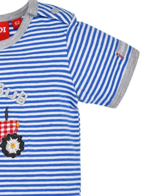 BONDI Baby Kurzarm Body "Traktor" 91527 | Blau Weiß Gestreift
