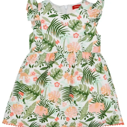 BONDI Baby Mädchen Kleid "Jungle" 86605 - Weiß / Apricot / Grün | Sommerkleid