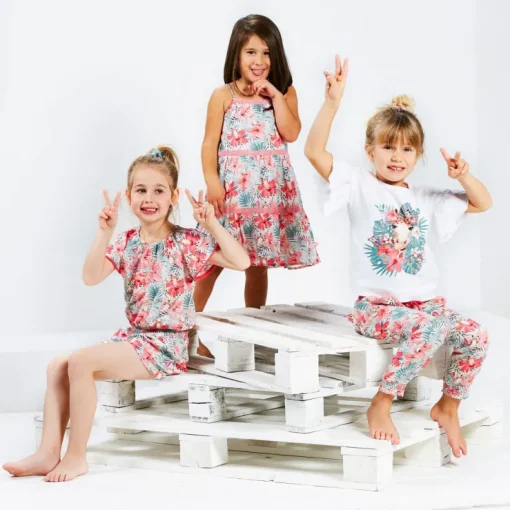 BONDI Baby Mädchen Kleid "Jungle" 86605 - Weiß / Apricot / Grün | Sommerkleid