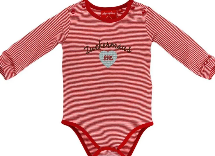 BONDI Langarm Baby Body "Zuckermaus" mit Herz 86362 - Rot Weiß Geringelt - Trachtenmode Mädchen