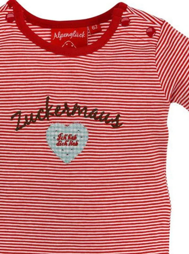 BONDI Langarm Baby Body "Zuckermaus" mit Herz 86362 - Rot Weiß Geringelt - Trachtenmode Mädchen