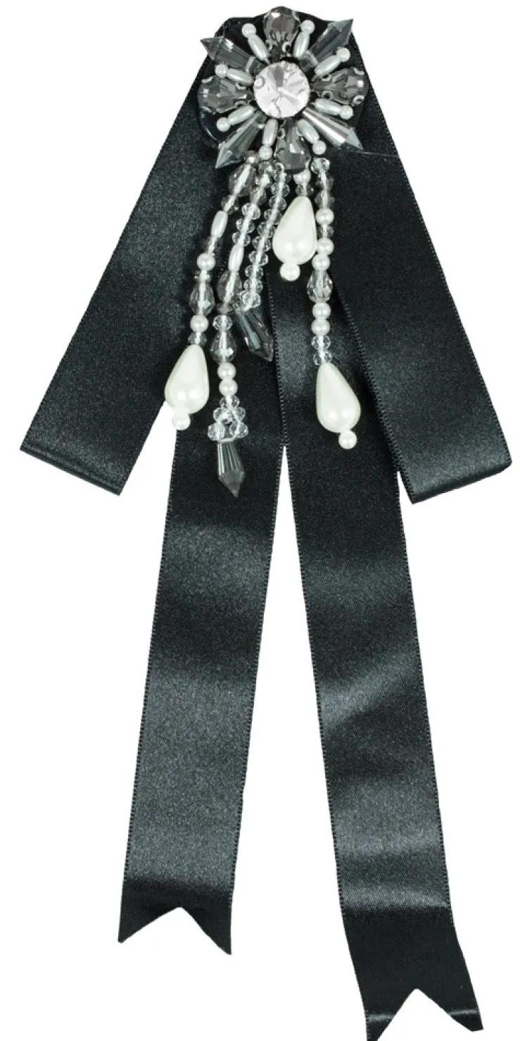 Brosche Barock Schleife mit Schmuckstein und Perlenketten - Schwarz