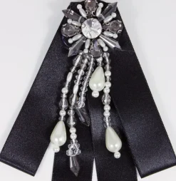 Brosche Barock Schleife mit Schmuckstein und Perlenketten - Schwarz