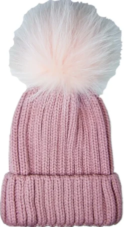 Damen Beanie Strickmütze mit Fellbommel - Rosa