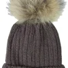 Damen Beanie Strickmütze mit Fellbommel - Dunkelbraun