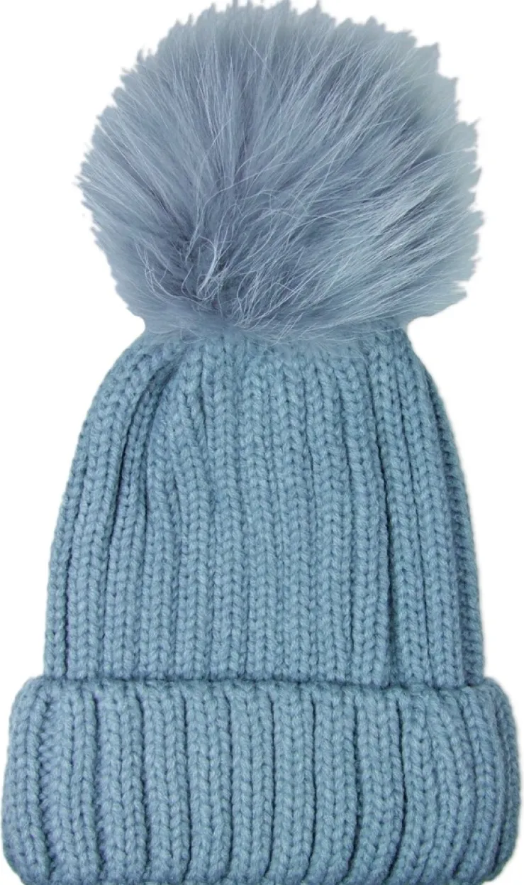 Damen Beanie Strickmütze mit Fellbommel - Hellgrau