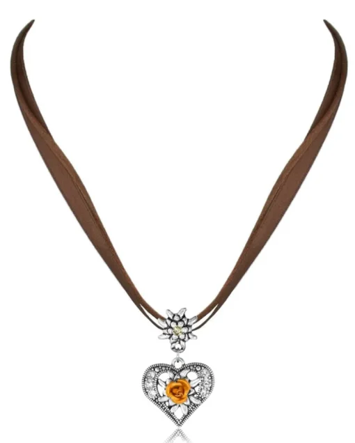 Herz Trachten Halskette mit Rose und Edelweiß | Braun