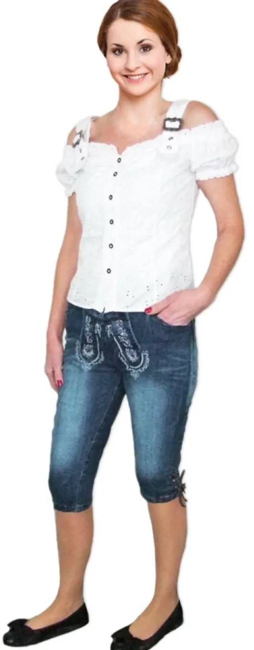 Lekra Damen Jeans Bea Kniebundhose in Lederhosen Optik - Blau