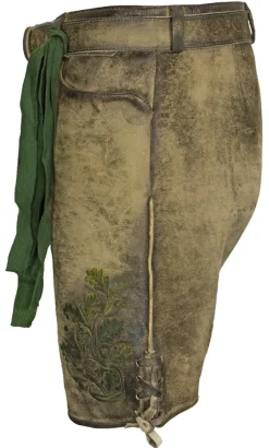MADDOX Kurze Herren Lederhose "Amsel" mit Gürtel | Speckig Natur Grün
