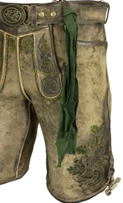 MADDOX Kurze Herren Lederhose "Amsel" mit Gürtel | Speckig Natur Grün