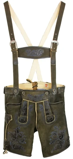 Maddox Kurze Lederhose mit Stegträgern Bertolo - Dunkelbraun Blau - Antik Reut