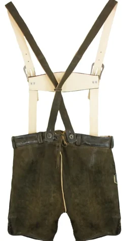 Maddox Kurze Lederhose mit Stegträgern Bertolo - Dunkelbraun Blau - Antik Reut