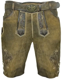 MADDOX Kurze Lederhose "Endorf" mit Gürtel und Hirschstickerei | Antik Ziller