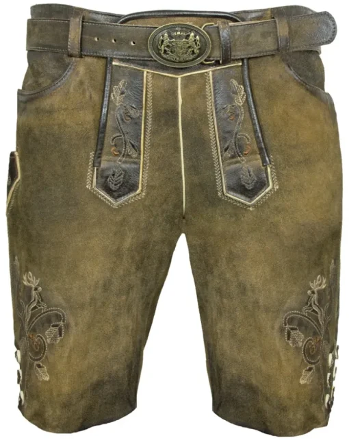 MADDOX Kurze Lederhose "Endorf" mit Gürtel und Hirschstickerei | Antik Ziller