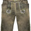 MADDOX Kurze Trachten Lederhose "Plattspitz" mit Gürtel | Antik Zirbe mit Grünem Stick