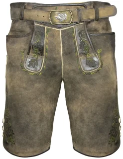 MADDOX Kurze Trachten Lederhose "Plattspitz" mit Gürtel | Antik Zirbe mit Grünem Stick