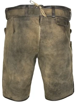 MADDOX Kurze Trachten Lederhose "Plattspitz" mit Gürtel | Antik Zirbe mit Grünem Stick