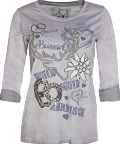 MarJo Damen Trachten Shirt "Narrisch" mit 3/4 Arm | Grau Blau