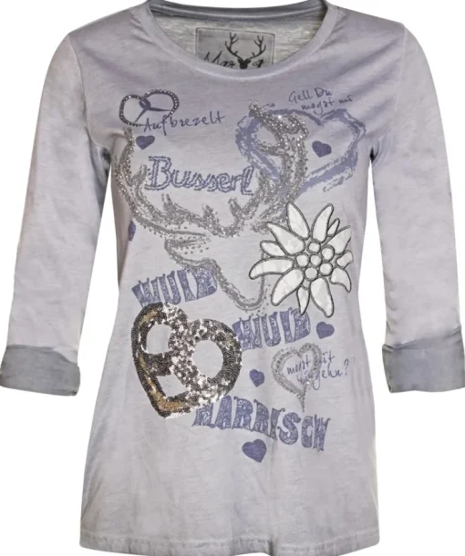 MarJo Damen Trachten Shirt "Narrisch" mit 3/4 Arm | Grau Blau