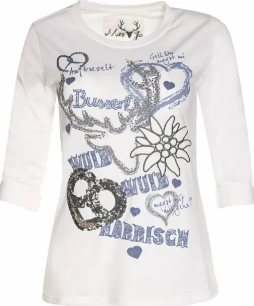 MarJo Damen Trachten Shirt "Narrisch" mit 3/4 Arm | Weiß Blau