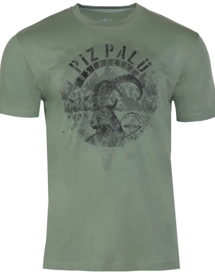 Piz Palü Herren Kurzarm Trachtenshirt "Trogen" mit Hirsch Print | Grasgrün