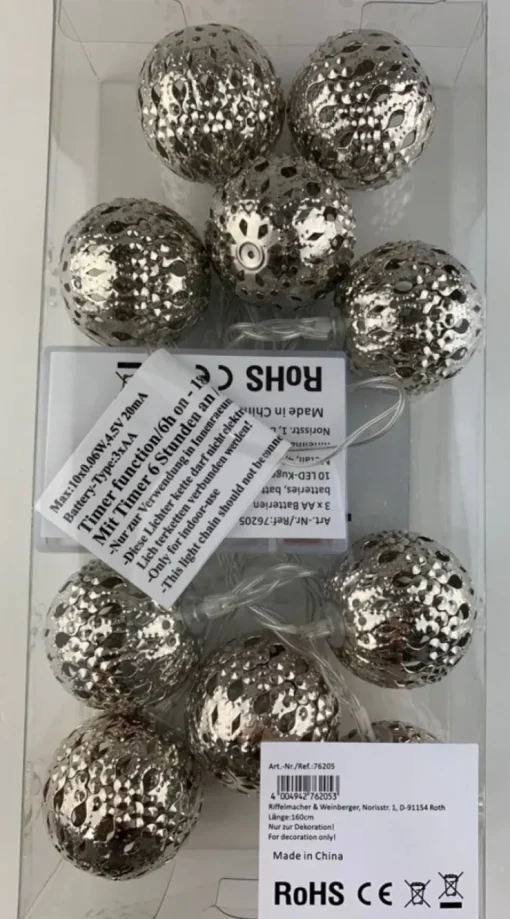 Riffelmacher LED Kugel-Lichterkette 160cm - 10 Kugeln Silber | 76205 Weihnachtsdekoration