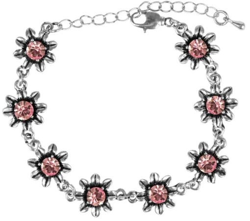 Silbernes Strass Armband mit Blüten - Rosa