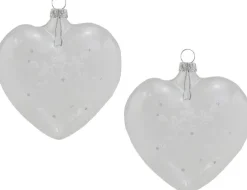 Thüringer Glasdesign Herzen (2 Stück) Ø 8 cm - Weiß/Silber | Glas Weihnachtsbaumkugeln Made in Germa
