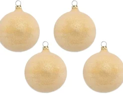 Thüringer Glasdesign Weihnachtsbaumkugel Ø 6 cm (4 Stück) - Perlentau Gold | Glas Christbaumkugeln M