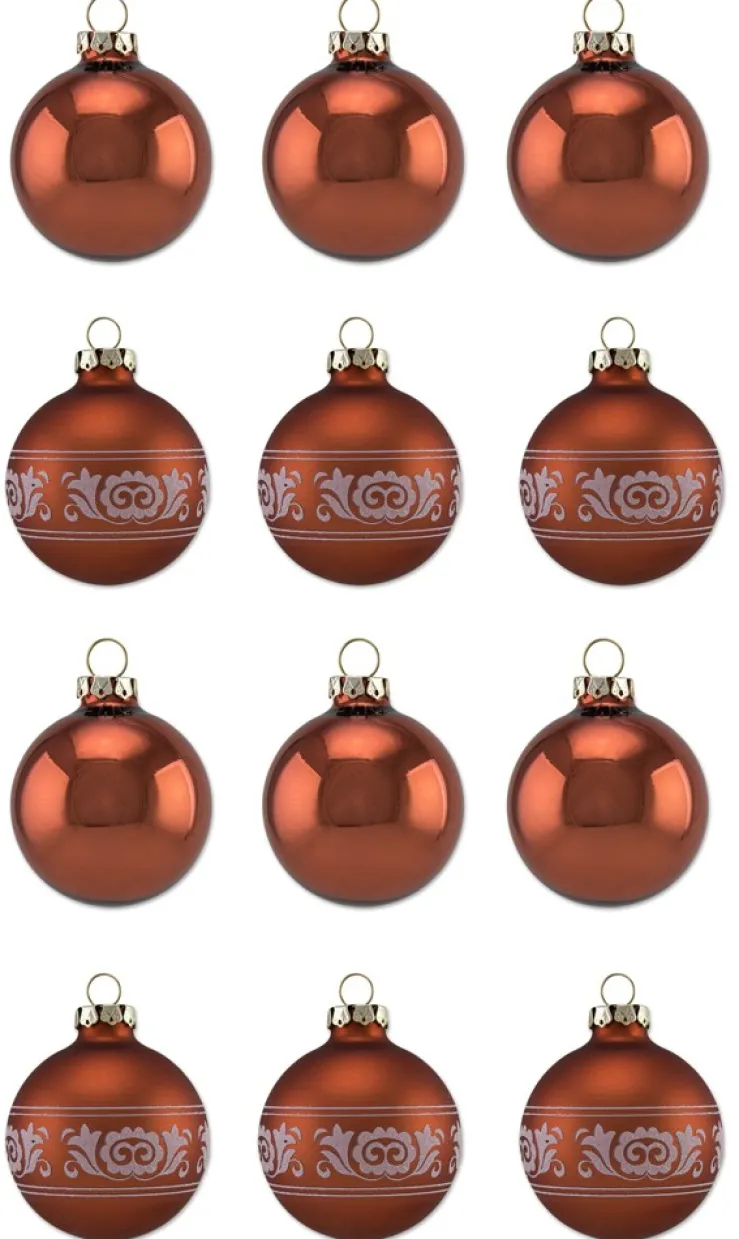 Thüringer Glasdesign Weihnachtskugel-Set 6cm 12-tlg. - Kupfer mit Glitzer Dekor Romantikbordüre - A0